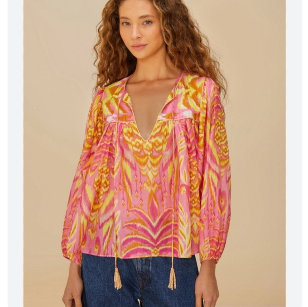 FARM Rio Pineapple Tapestry Tie Neck Top